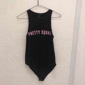 black “pretty squad” bodysuit